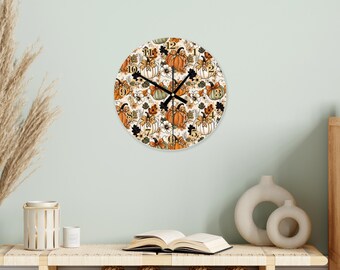 Floral Pumpkin Clock - Autumn Wall Decor | Brushed Aluminum | Glass | Warm Harvest Palette