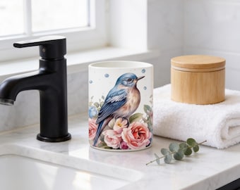 Bluebird Decor | Ceramic Toothbrush Holder - Bamboo Lid, Makeup Brush Jar, Bathroom Tumbler Cup