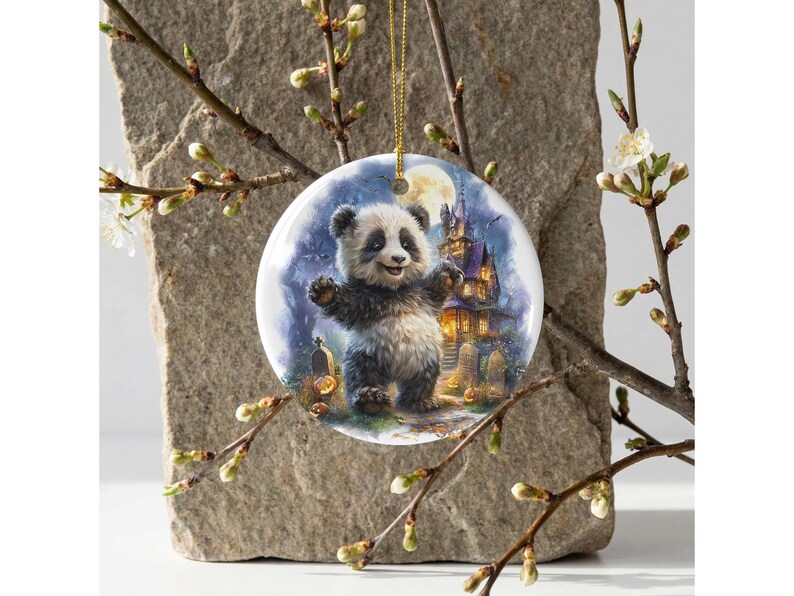 A panda bear standing on its hind legs, with a castle in the background, is the central focus of the image.