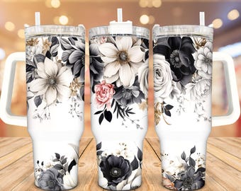 Floral 30/40 Oz Stainless Steel Tumbler: Insulated Travel Mug with Handle