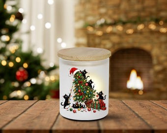 Christmas Tree Cats Ceramic Or Frosted Glass Candle Holder with Bamboo Lid