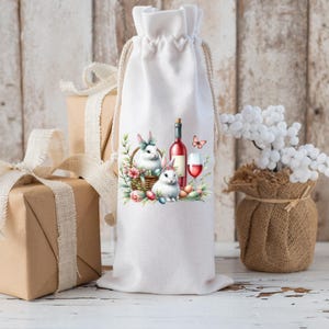 Bunnies Basket Reusable Wine Bag With Drawstring, Personalized Wine Gift Bag, Bunny Wine Gift, Wine Lover Gift