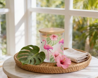 Flamingo Monstera Frosted Glass With Tealight Or Ceramic Candle Holder