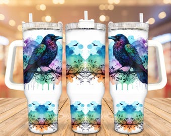 Crow Stainless Steel Tumbler, Alcohol Ink Design (30/40 Oz, Handle Included)