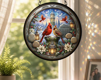 Cardinal Memorial Glass Suncatcher | Black Frame | Metal Ring Chain | 3 Sizes