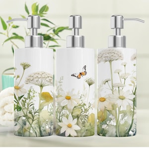 White Wildflowers 18.6oz Stainless Steel Bottle Soap Dispenser, Floral Decor, Liquid Soap Dispenser, Floral Gift