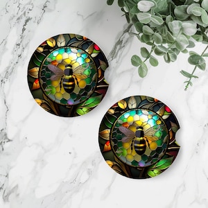 Car Coasters Bee, Stained Glass Style - Ceramic Cork Back | 2.6 Inch Set For Cup Holder Decor