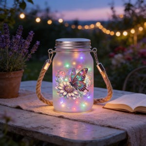 May include: A frosted glass mason jar lantern featuring a colorful butterfly and daisy illustration on the front. The jar is illuminated from within by multicolored fairy lights and includes a silver metal lid and a thick jute rope handle.