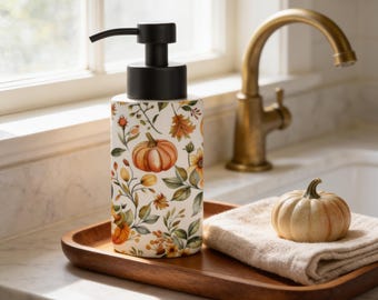 Fall Floral Soap Dispenser Stainless Steel (18 Oz  Kitchen or Bathroom), Black Or Silver Pump