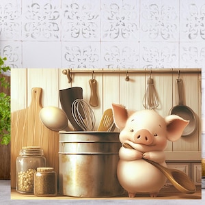 May include: A cartoon pig character stands next to a large metal canister filled with kitchen utensils including a whisk and wooden spoons. The pig holds a wooden spoon in its arms. The scene is set against a light wood paneled wall with hanging kitchen tools.
