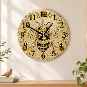 May include: A round wall clock featuring a central illustration of a bee surrounded by sunflowers and foliage on a cream background. The clock face displays black Arabic numerals from one to twelve and black hour, minute, and second hands.