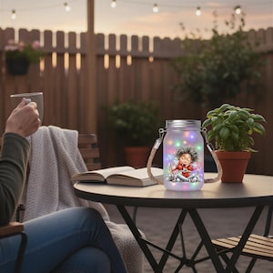 May include: A glass mason jar lantern featuring a printed illustration of a small fairy with dark hair and a red outfit. The jar is illuminated by internal multi-colored LED lights and includes a silver metal lid and a thick beige rope handle.