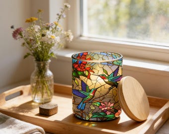 Hummingbird Pairs Candle Jar, Frosted Glass or Ceramic (With Bamboo Lid)