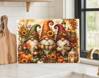 Autumn Gnomes Tempered Glass Cutting Board: Fall Kitchen Decor