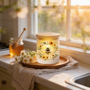 May include: A frosted glass candle jar with a light wood lid, featuring a printed graphic of a bumblebee centered within a circular wreath of yellow and white daisies. The candle emits a warm glow from within, resting on a round wooden tray.