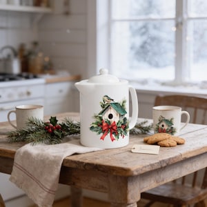 Holiday Birdhouse Porcelain Teapot: Winter Decor, Personalized Option
