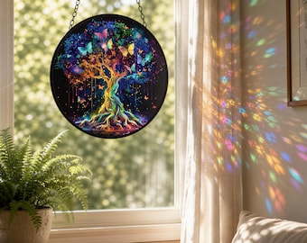 Tree Of Life Butterflies Glass Suncatcher - Black Frame | Metal Ring, Chain | 3 Sizes