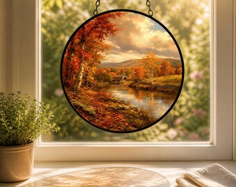 Fall Covered Bridge Glass Suncatcher | Black Frame | Metal Ring Chain | 3 Sizes