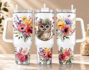 Floral Owl Tumbler | Personalized 30/40 Oz Mug - Stainless Steel, Double Wall Vacuum, Handle