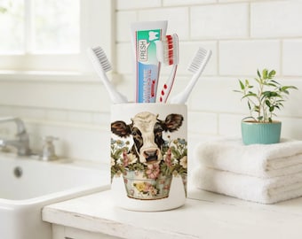 Cow In Bucket Ceramic Toothbrush Holder | Farmhouse Sink Decor | Bathroom Organizer | Novelty