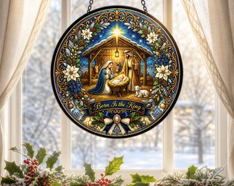 Born Is The King Glass Suncatcher | Black Frame | Metal Ring Chain | 3 Sizes