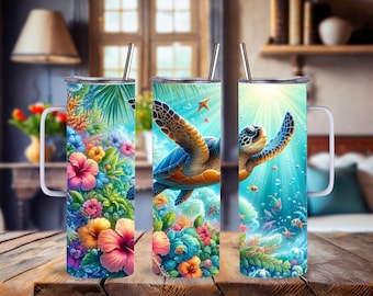 Sea Turtle Tropical Stainless Steel Tumbler: Personalized, With Or W/O Handle