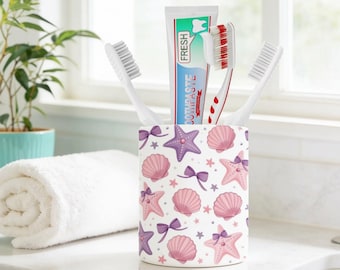 Seashell Bow Ceramic - Toothbrush Cup - White Bamboo Lid, Bathroom Organizer