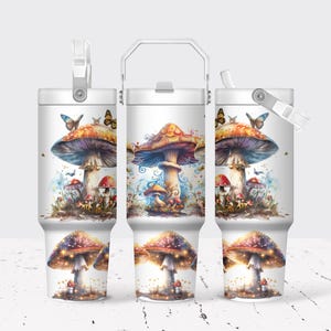 May include: Three stainless steel tumblers with a colorful mushroom and butterfly design. The tumblers have a white background and a lid with a straw.
