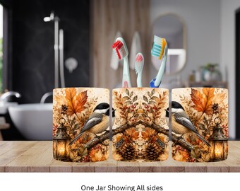 Autumn Chickadee Ceramic Holder | Bamboo Lid | 4.25" Tall | Bathroom Organizer