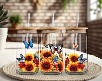 Custom Sunflower Butterfly Glass Can, Personalized Drinkware, Butterfly Lover Gift, Floral 16 oz Cup