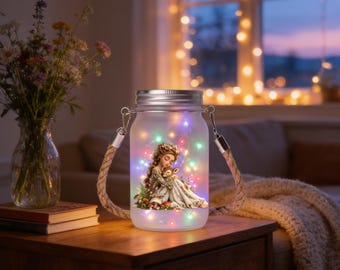 Frosted Mason Jar | Girl & Deer Solar Lantern - Rope Handle, Multicolor LED Glow, Personalized Keepsake