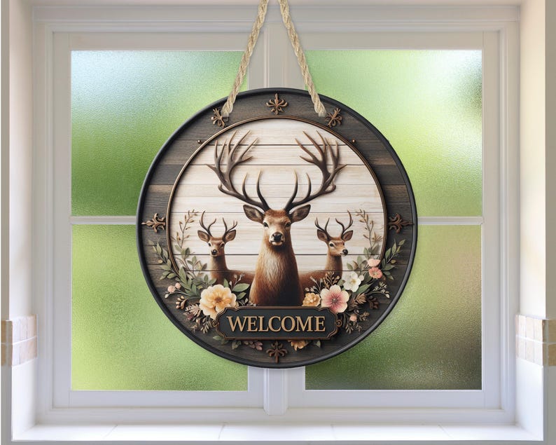 Op de afbeelding: Een ronde houten welkomstbord met een hertenfamilie. Het bord heeft een donkerbruine rand en een lichte houtnerf achtergrond. Het woord "WELCOME" staat onderaan. Het bord wordt opgehangen met een touw.