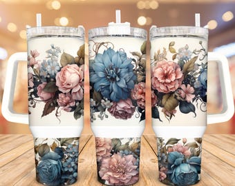 Floral Stainless Steel Tumbler, Blue & Pink Roses, 30/40 Oz Insulated
