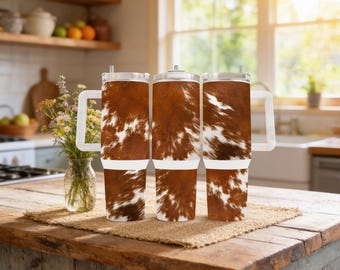 Brown Cowhide Stainless Steel Tumbler: 30/40 Oz Insulated Travel Mug