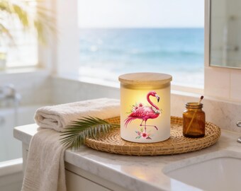 Flamingo Candle Holder: Frosted Glass or Ceramic with Bamboo Lid
