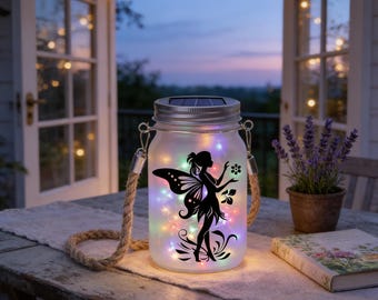 Floral Fairy Solar Lantern: Frosted Mason Jar with Rope Handle