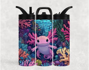 Cute Axolotl 16 Or 20 Oz Flip Spout Water Bottle, Personalized Tumbler, Kids Tumbler, Birthday Gift