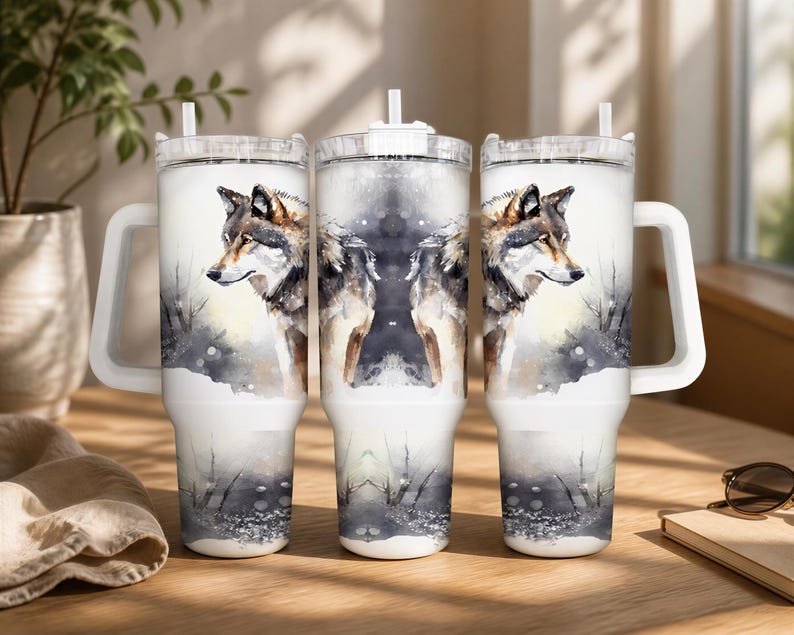 A set of three large, white, insulated tumblers with a water-resistant design featuring a wolf's head printed on them. The tumblers are placed on a wooden surface, with a potted plant and sunglasses visible in the background.