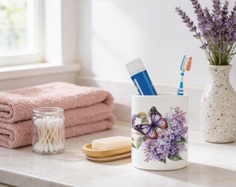 Lilac Butterfly Ceramic Jar - Bathroom Cup | Glossy Finish, Toothbrush Jar