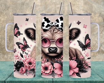 Travel Coffee Tumbler: Pink Highland Cow Design - Spill Resistant Lid