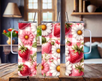 Strawberry Daisy Tumbler: Stainless Steel Travel Mug 15, 20 or 30 Oz