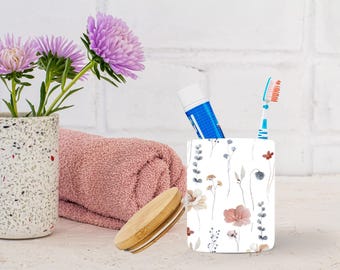 Floral Toothbrush Cup - White Bamboo Lid, Bathroom Organizer