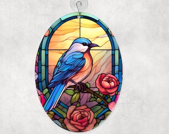 Bluebird Glass Suncatcher, Handcrafted Sun Catcher, Floral Gift, Bird Decoration, Window Decor, 2 Shape Choices
