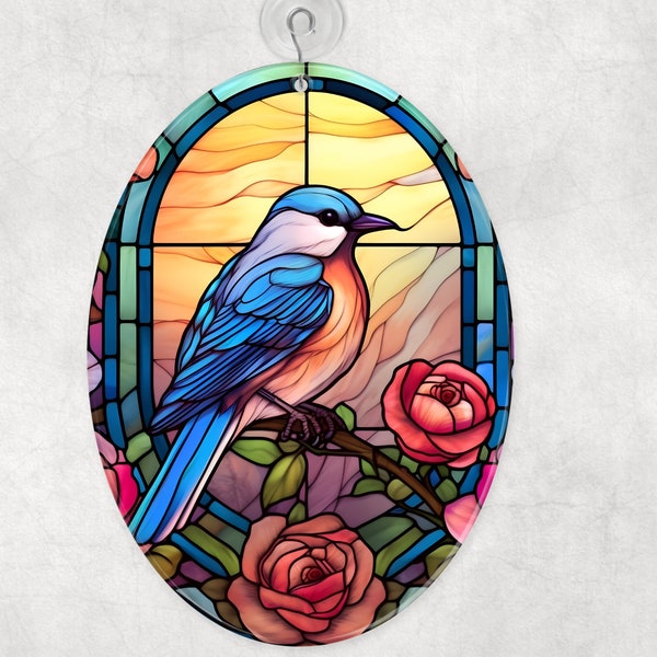 Bluebird Glass Suncatcher, Handcrafted Sun Catcher, Floral Gift, Bird Decoration, Window Decor, 2 Shape Choices