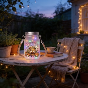 May include: A frosted glass mason jar lantern with a silver metal lid and a thick rope handle. The jar features a colorful illustration of a teapot, pumpkins, and ghosts with the text "CRISP TWILIGHTS & cozy chills" and internal fairy lights.