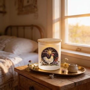 Mystical Rooster Candle Holder, Frosted Glass or Ceramic (Bamboo Lid )
