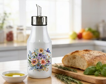 Personalized Floral Olive Oil Dispenser: Stainless Steel Cruet
