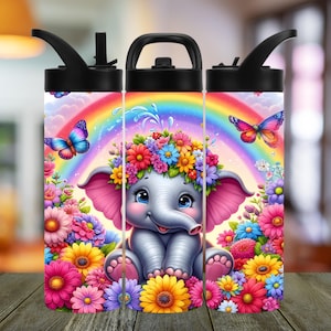 Elephant Under Rainbow Floral 16 Or 20 Oz Flip Spout Water Bottle, Personalized Tumbler, Kids Tumbler, Elephant Gift