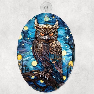 Starry Night Owl Glass Suncatcher, Handcrafted Sun Catcher, Floral Gift, Owl Lover Decoration, Window Decor, 2 Shape Choices