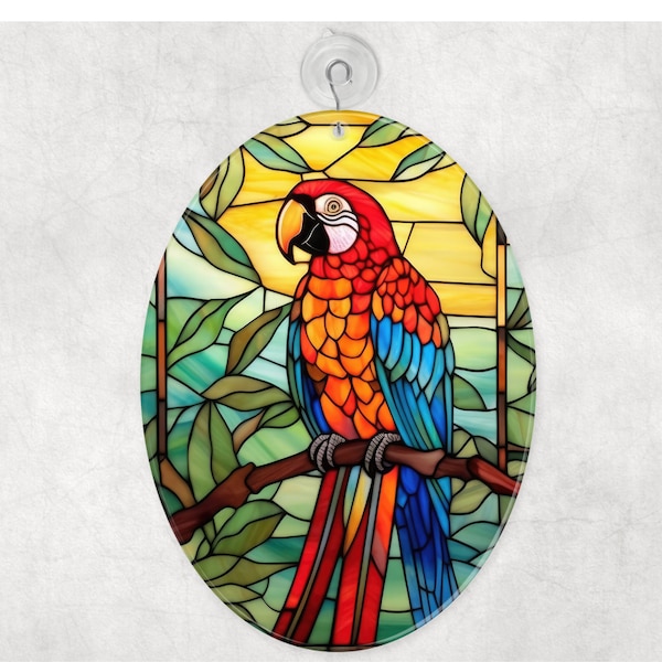 Parrot Glass Suncatcher, Colorful Bird Window Hanging, Gift for Bird Lover, Tropical Bird Decor, Sun Catcher, 2 Shape Choices